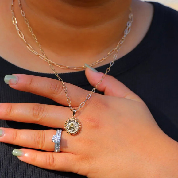 2 LAYER GOLD LETTER INITIAL COIN ROUND/CIRCLE PENDANT DAINTY NECKLACE, ELDM22154 - Picture 9 of 13